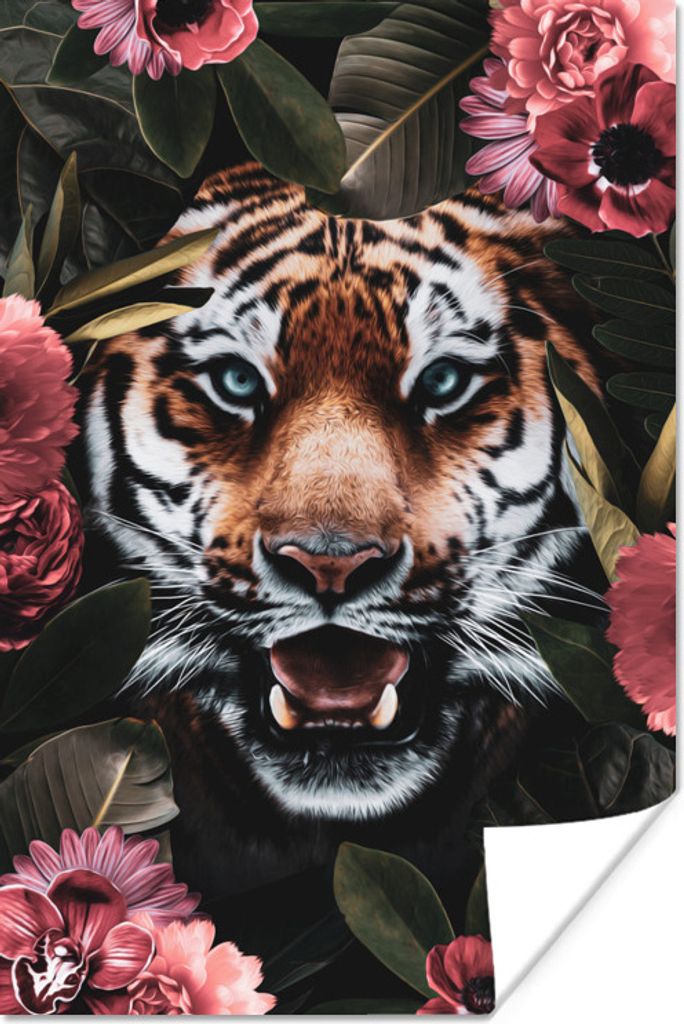 MuchoWow Poster Rosa - Tiger - Pflanzen 20x30 cm - Papierdruck