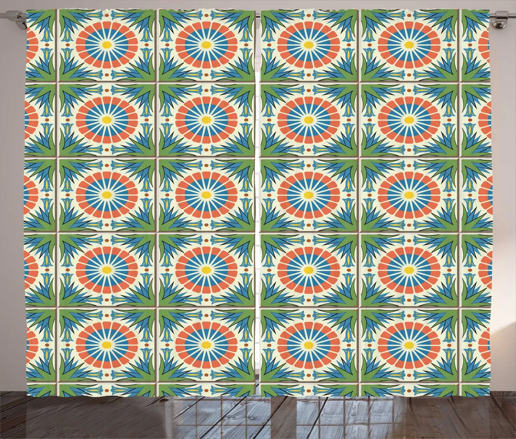 Rideau Mosaïque Traditionnelle Crème Vert Paon avec Boucles et Crochets
