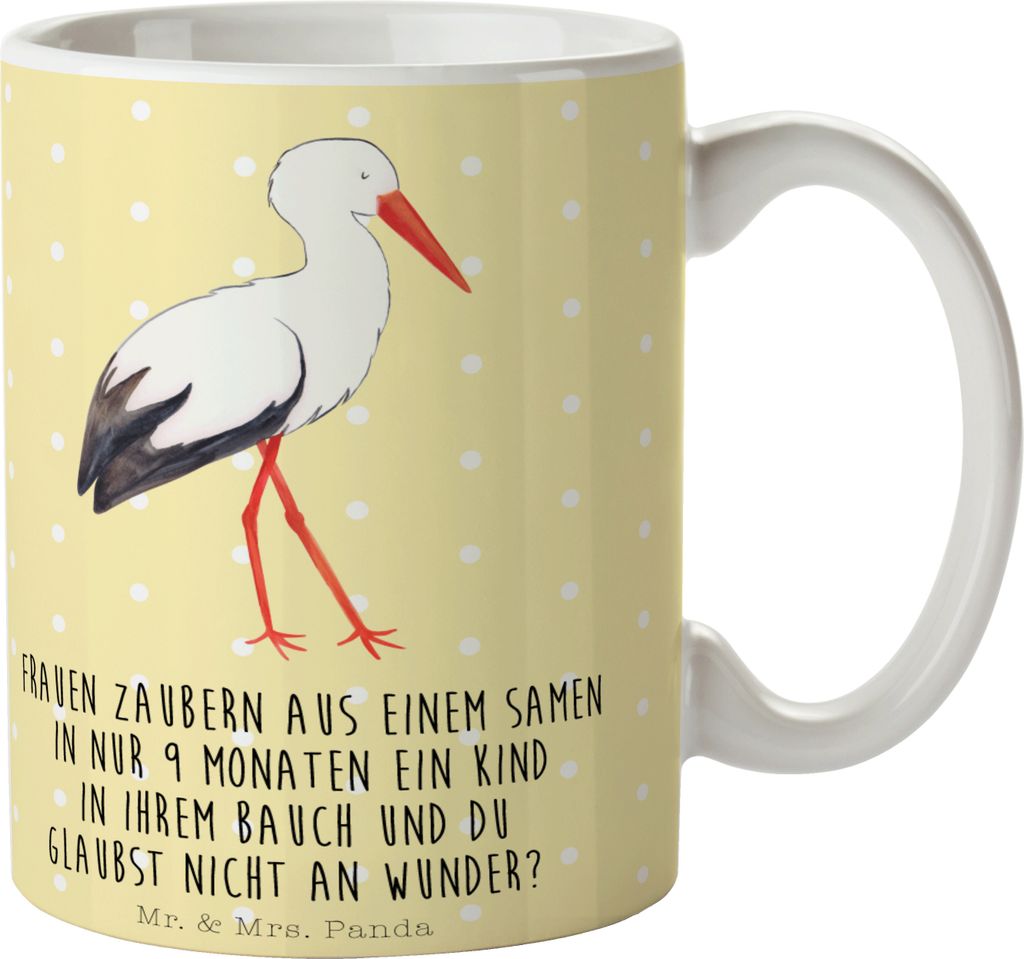Mr. & Mrs. Panda Henkelbecher Storch - Gelb Pastell - Geschenk, Kaffeetasse, Mütter, Babybauch, Teepott, Baby, Geburt, Tasse, Kaffeepott, Mutter, ...