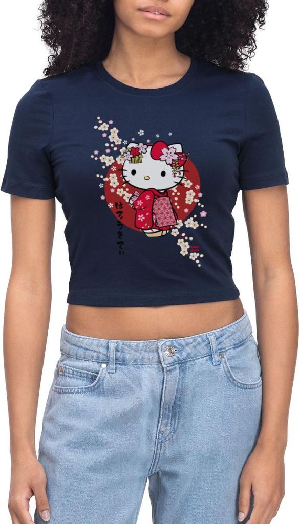 Spreadshirt Hello Kitty Japan Kimono Kirschblüten Crop Top, M, Light Navy