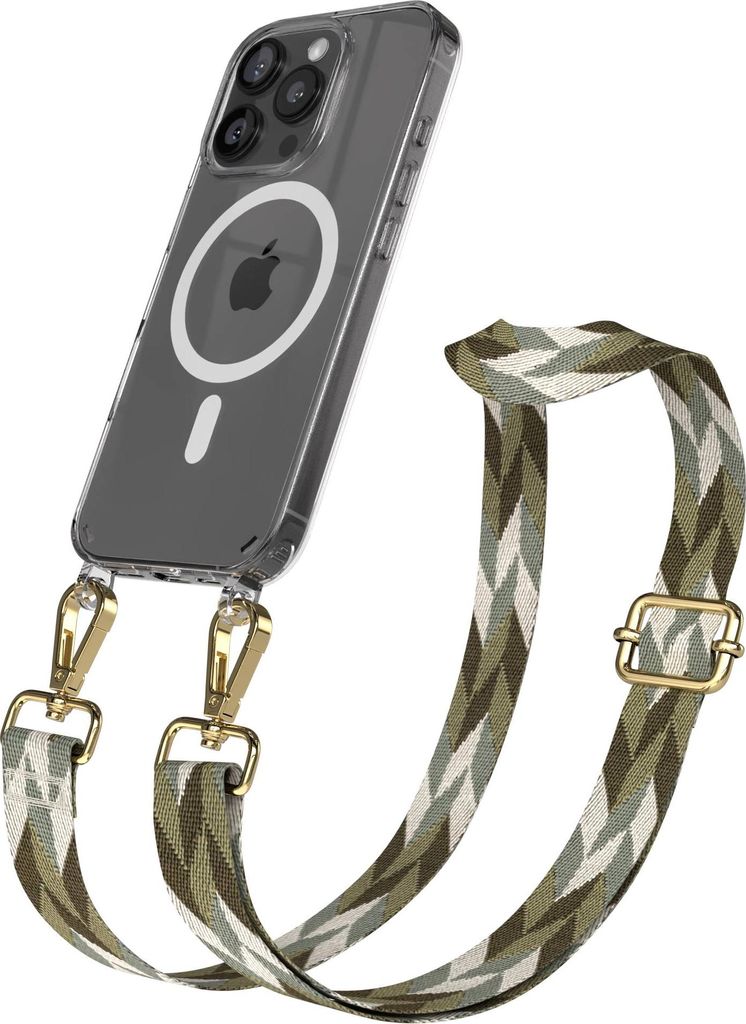 EAZY CASE - Handykette mit MagSafe Hülle für Apple iPhone 16 Pro, Handyband Mix Style, Karabiner Gold, Umhängeband in Grün