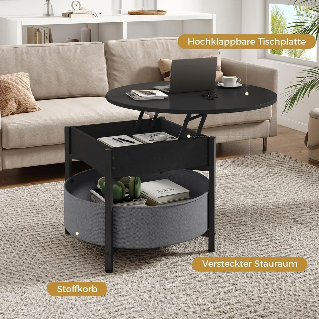 Table basse KIMENICH ajustable noire avec panier de rangement souple