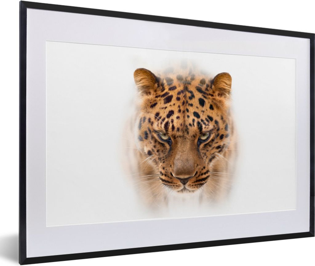 MuchoWow Gerahmtes Poster Leopard - Weiß - Gesicht 60x40 cm - Poster mit Schwarzem Bilderrahmen Wandposter Rahmen Foto Bilder - Schlafzimmer - P...