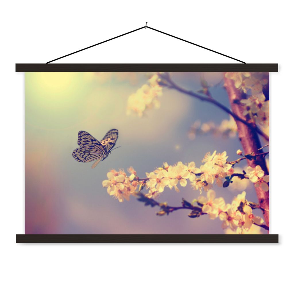 MuchoWow Textilposter Schmetterlinge - Blüte - Zweig - Baum 120x80 cm mit schwarzem Rahmen - Wanddeko