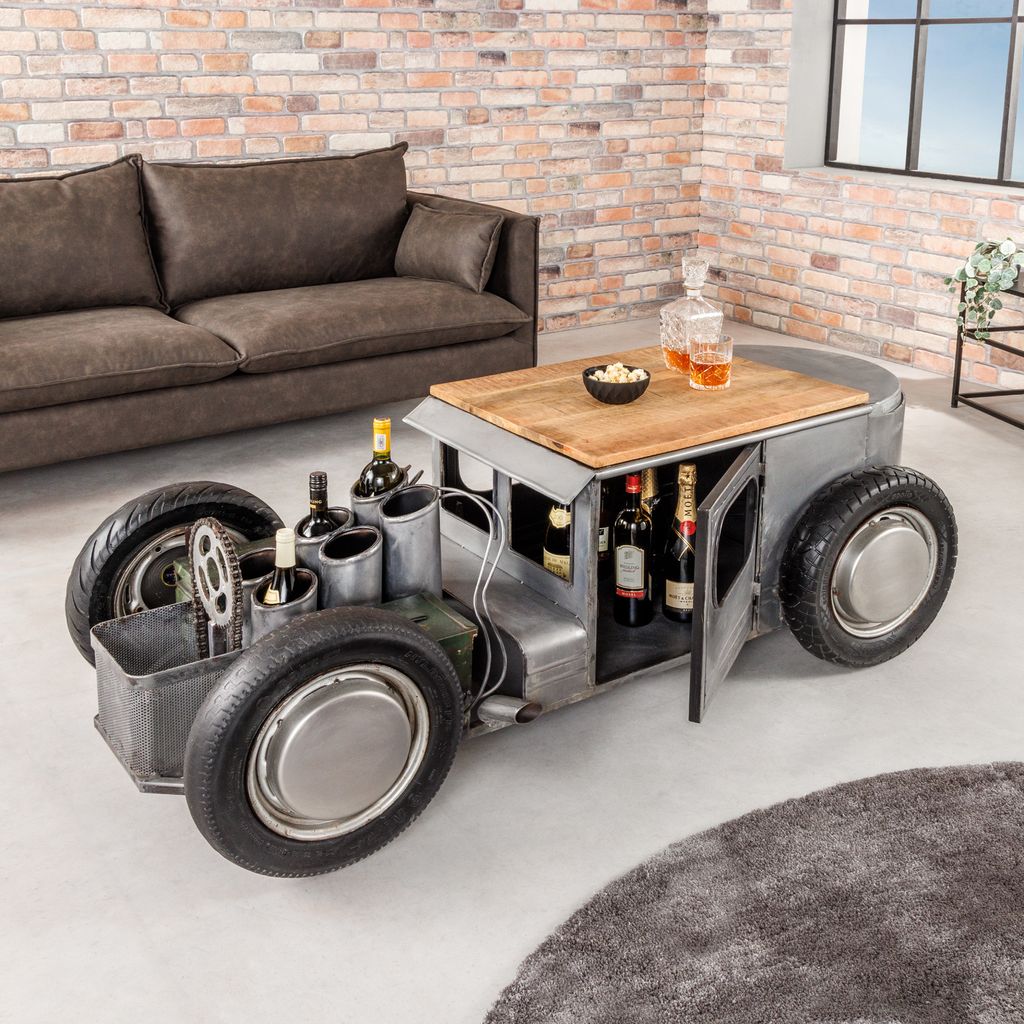 riess-ambiente Oldtimer Couchtisch HOT ROD 160cm Stahl Mangoholz Bartisch Flaschenhalter massiv Beistelltisch Tisch