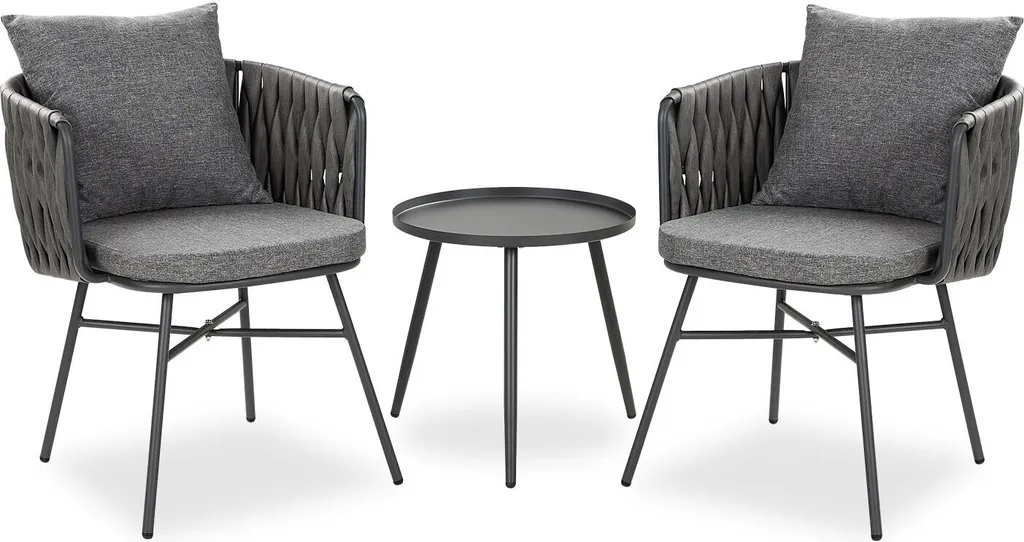 Salon de balcon compact gris avec 2 fauteuils et table basse carrée