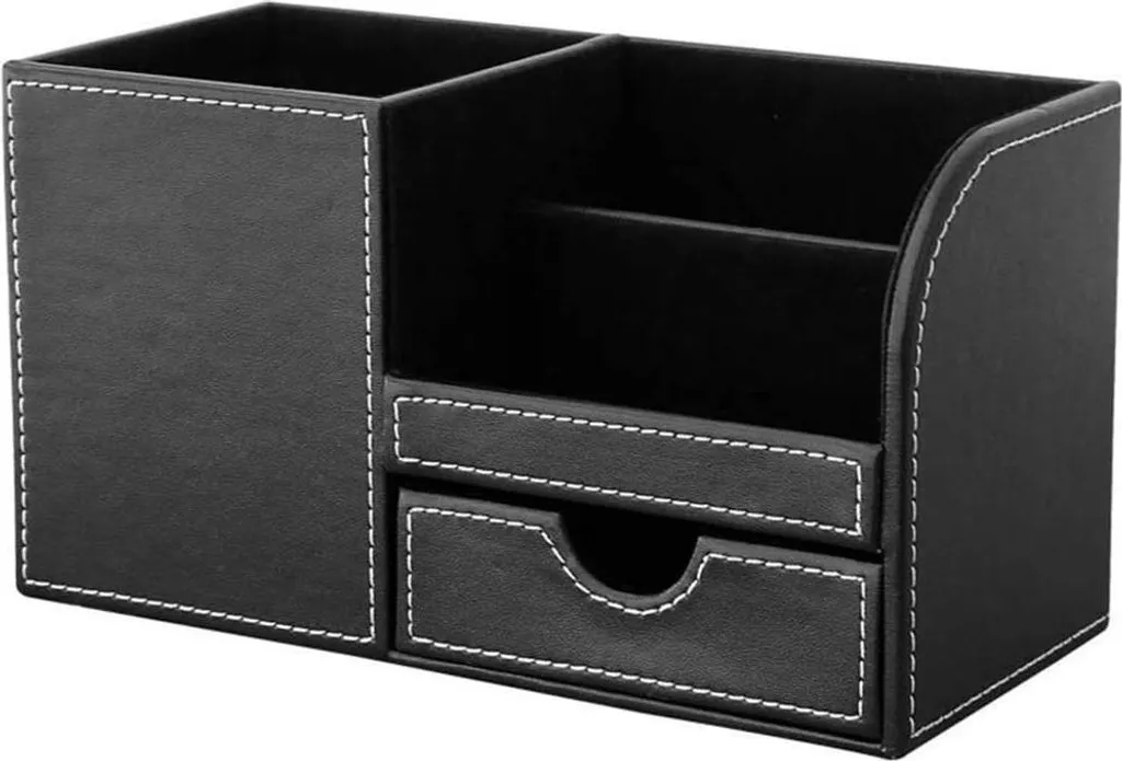 Organiseur Bureau pour Fournitures et Stylos Noir en Cuir 4 Casiers