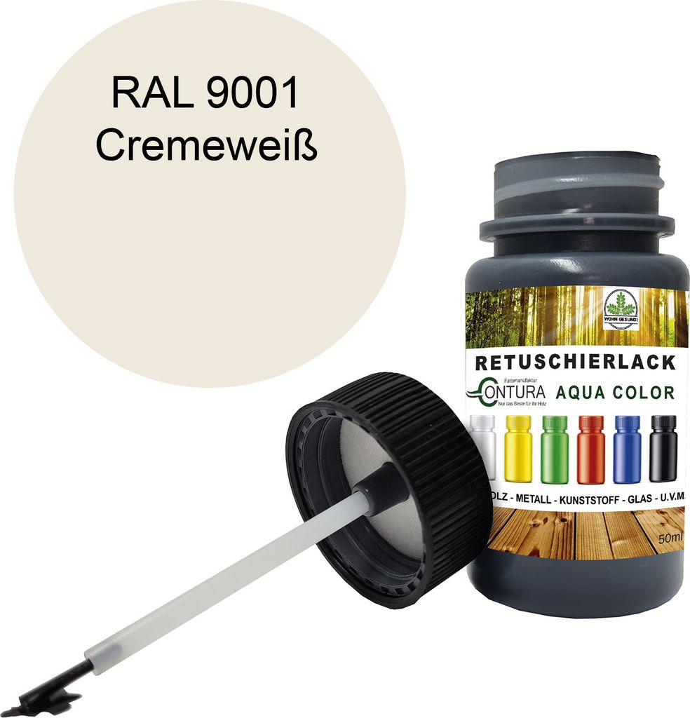 Reparaturlack Lackstift RAL Lack Pinselflasche 50ml. Farbe Holz Metall Möbel Auto Bad Retuschierlack - RAL 9001 Cremeweiß
