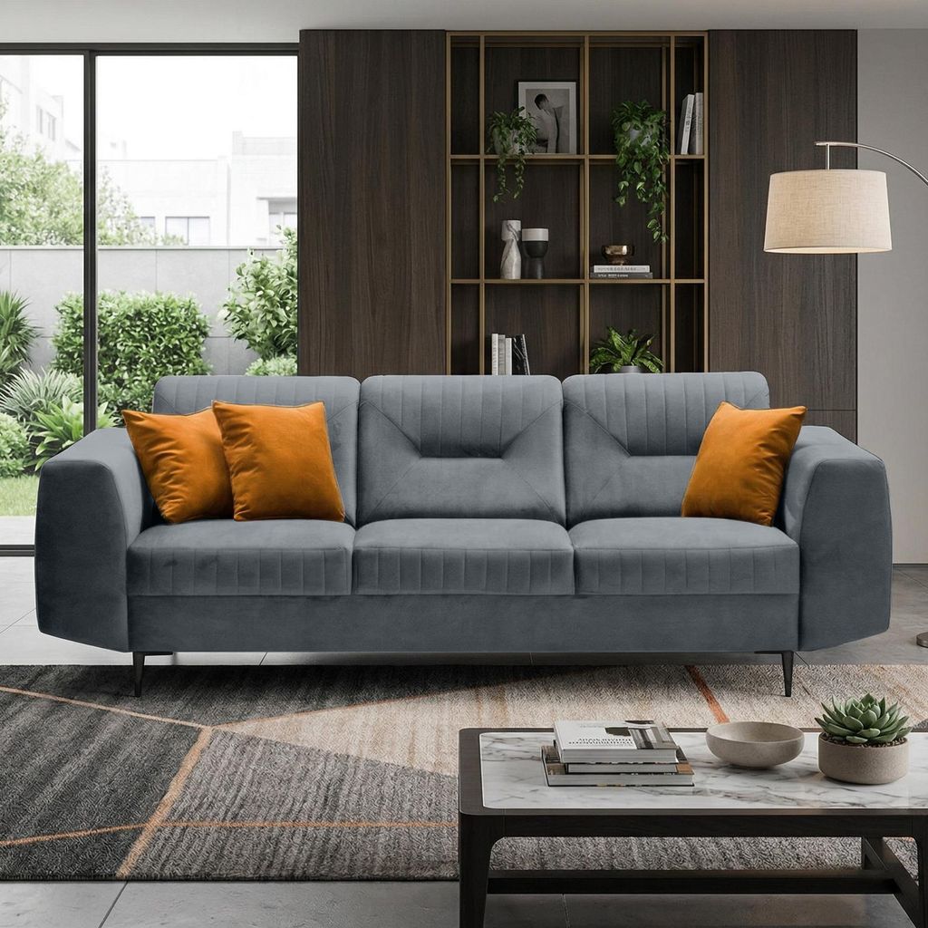 BEAUTYSOFA | 3-Sitzer Sofa VENEZIA Samtstoff Dunkelgrau – Produktbild 