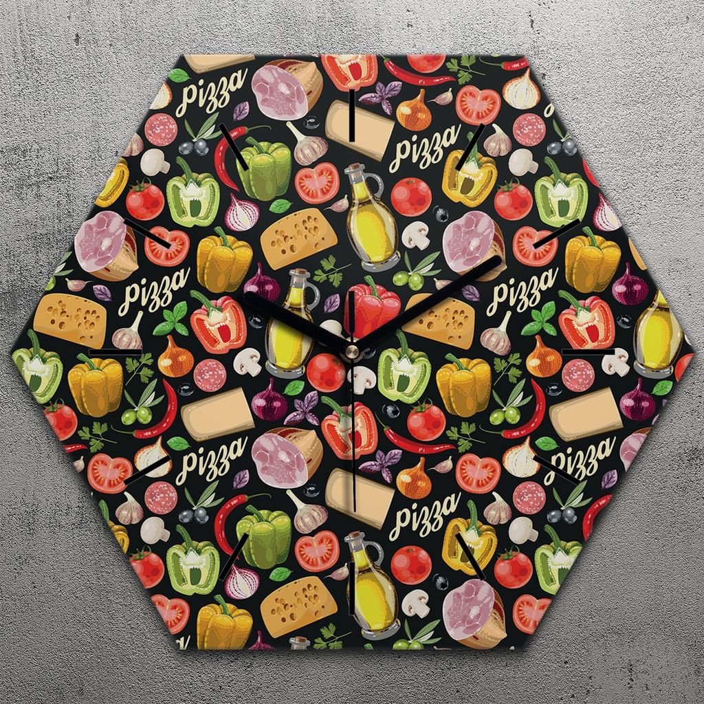 Uhr hexagonal 40 cm Glas Geräuschlos schwarze Zeiger - Zutaten für Pizza