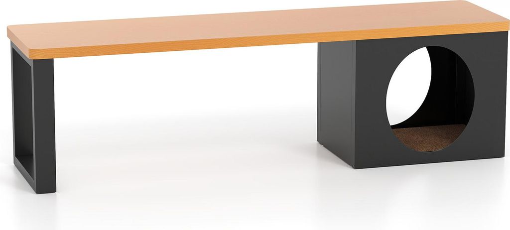 A product shot of a modern garden bench with a built-in cat house.
