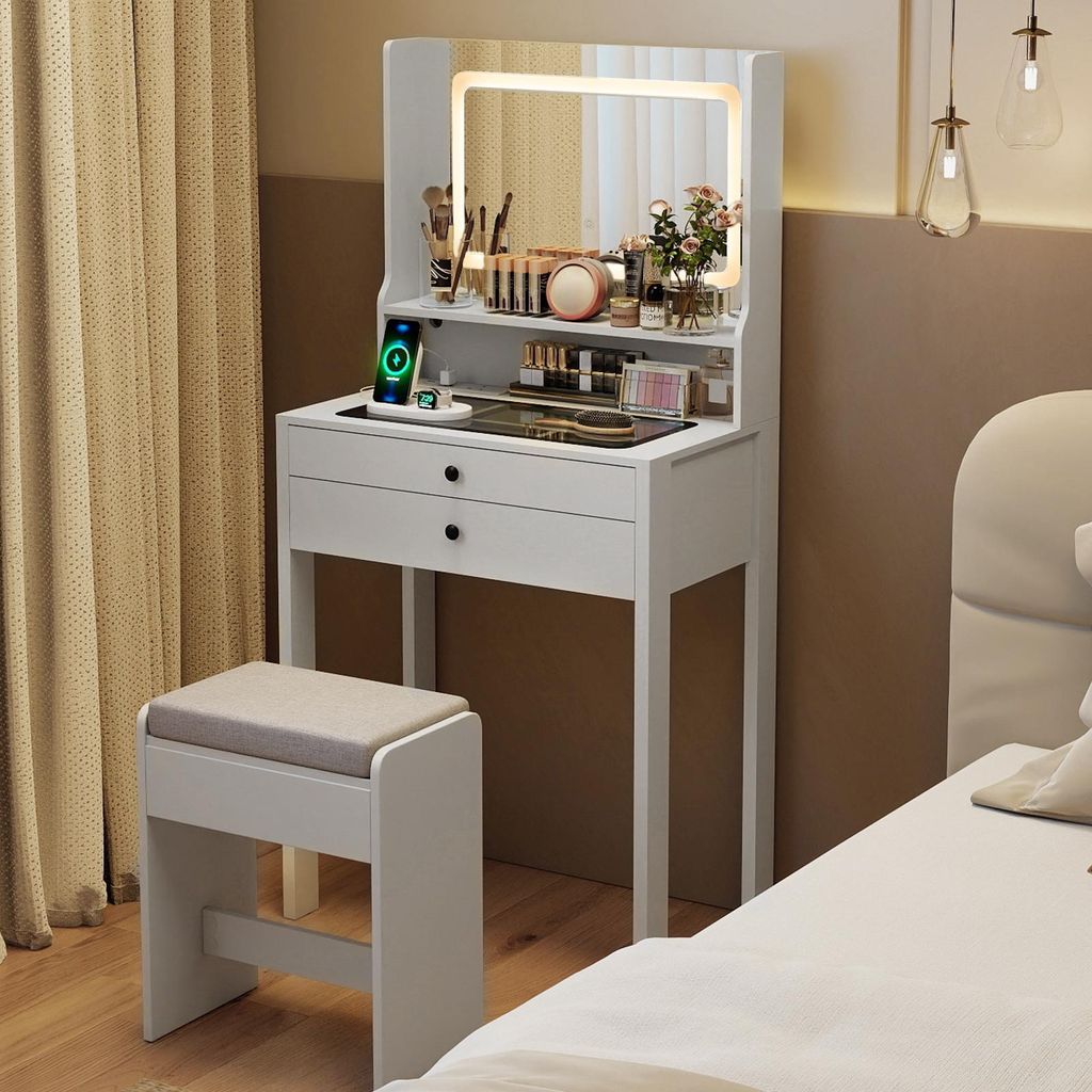 Scrivania da Trucco Moderna, Set da Toeletta con Specchio Illuminato a LED Regolabile, 3 Cassetti e Sgabello Imbottito, 3 Modalità di Illuminazione a Colori Luminosità Regolabile, per Spogliatoio ( Co