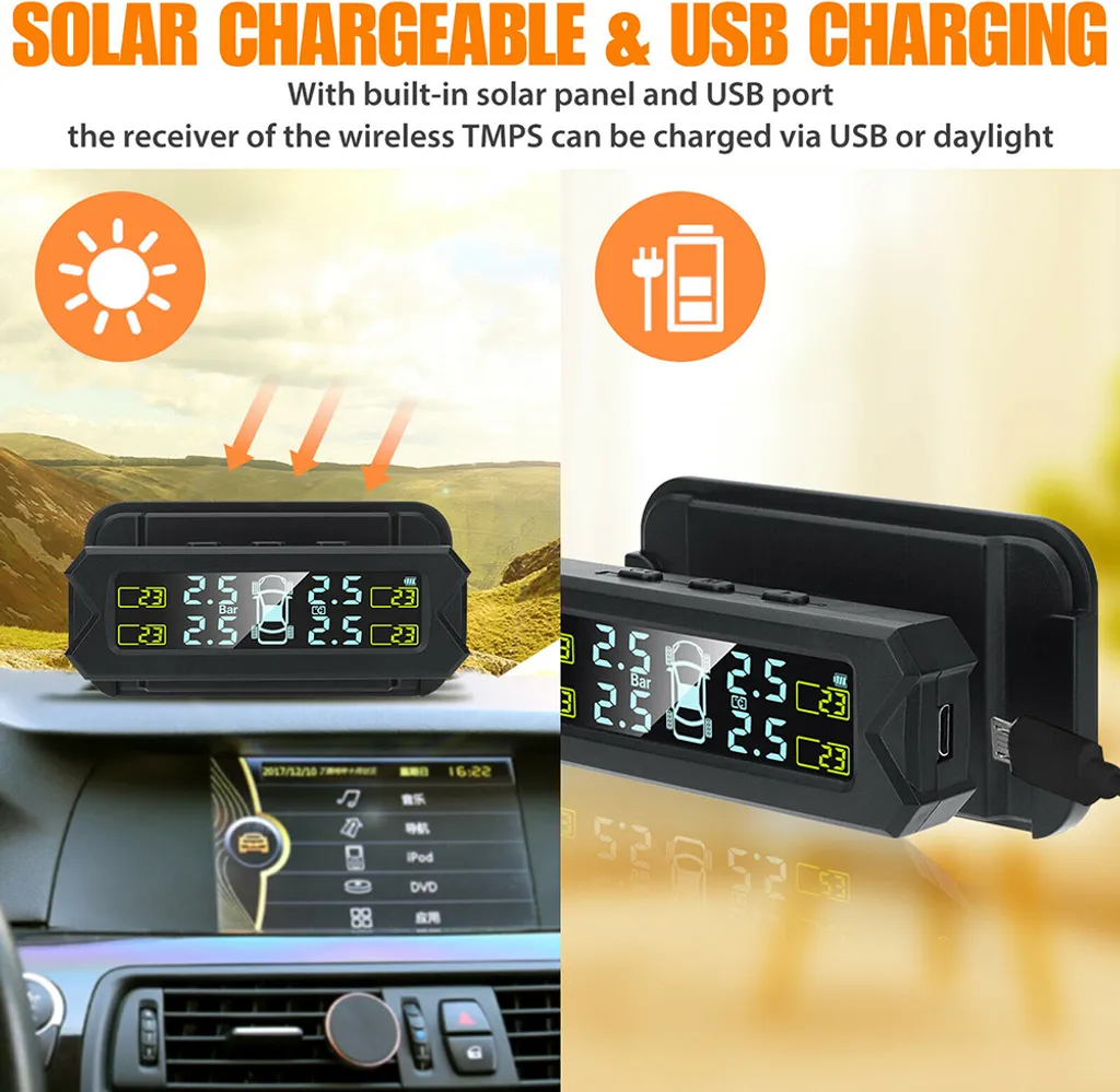 Auto Tpms Solar Wireless Tire Pressure Monitoring System Rilevamento della carica in tempo reale Monitor di facile installazione Nero - 2