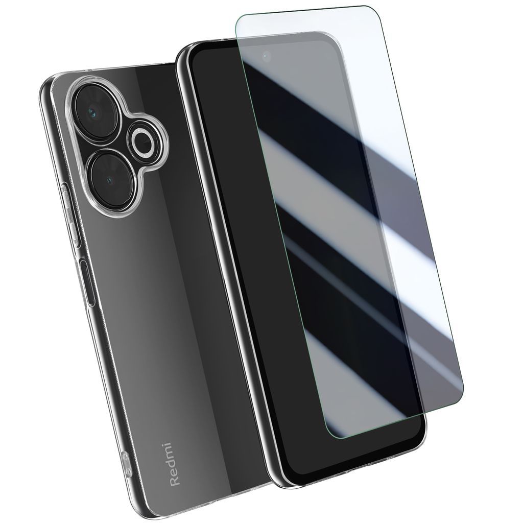 Avizar, Silikonhülle für Xiaomi Redmi 13 mit 9H Glas-Folie, Schutz-Set, Transparent