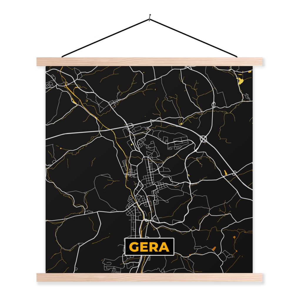 MuchoWow Textilposter Gera - Stadtplan - Gold - Karte - Deutschland 40x40 cm mit holzfarbenen Rahmen - Posterleiste