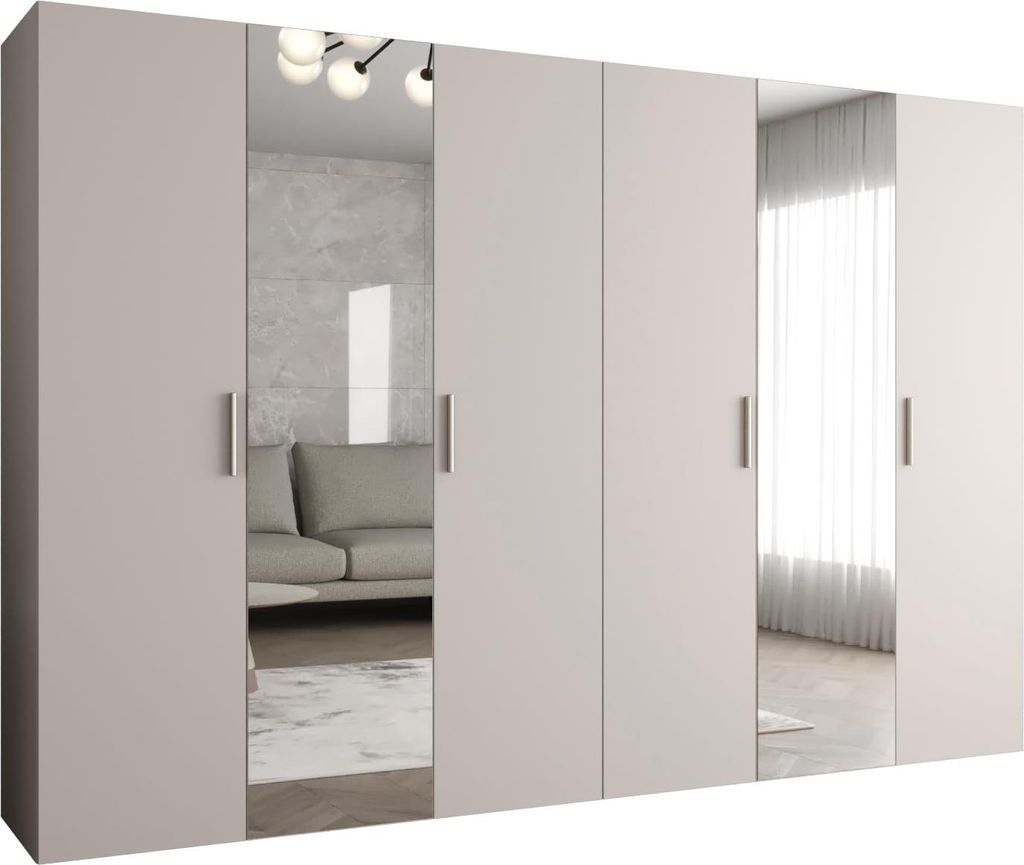 MEBLE KRYSPOL Schrank 300x202x52 cm mit Kleiderstange & Spiegel, 6xTür, BARI, Kaschmir, Griff Silber
