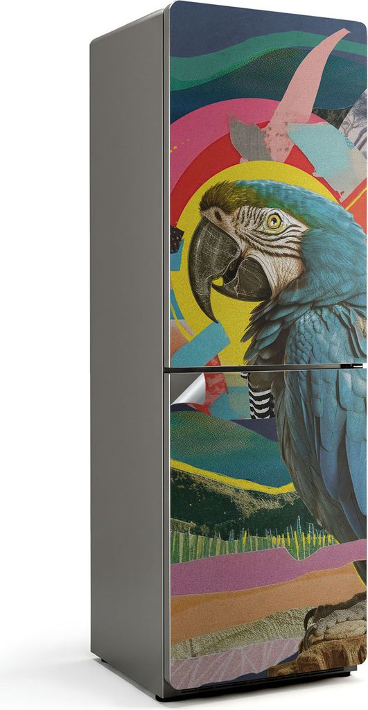 Ein Papagei vor einem abstrakten Hintergrund – Kühlschrank Aufkleber – Klebefolie Kühlschrank – Kühlschrank Nachbildung – Kühlschrankfo...