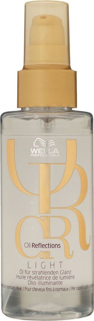 A product shot of a bottle of Wella Oil Reflections Light hair oil.