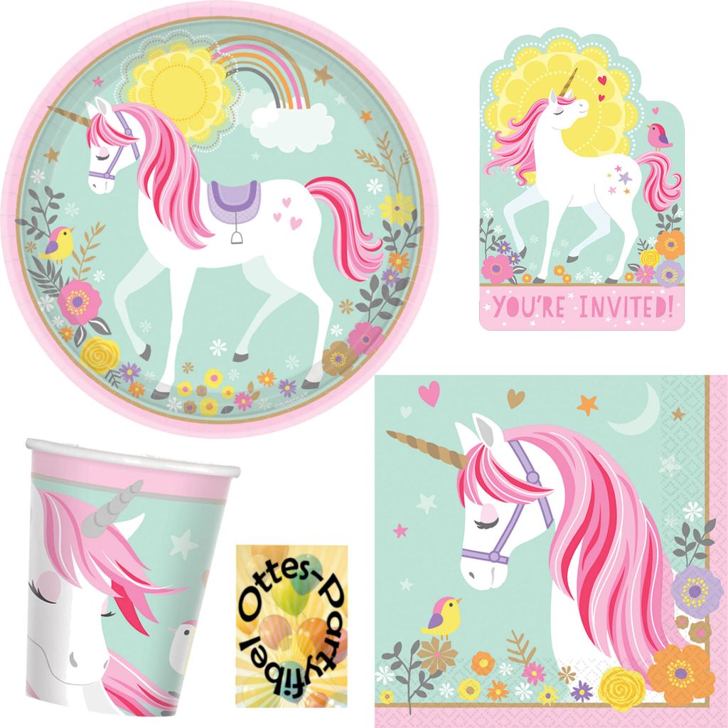 Magical-Unicorn-Party-Set 40tlg. - für 8 Gäste Teller Becher Servietten Einladungen