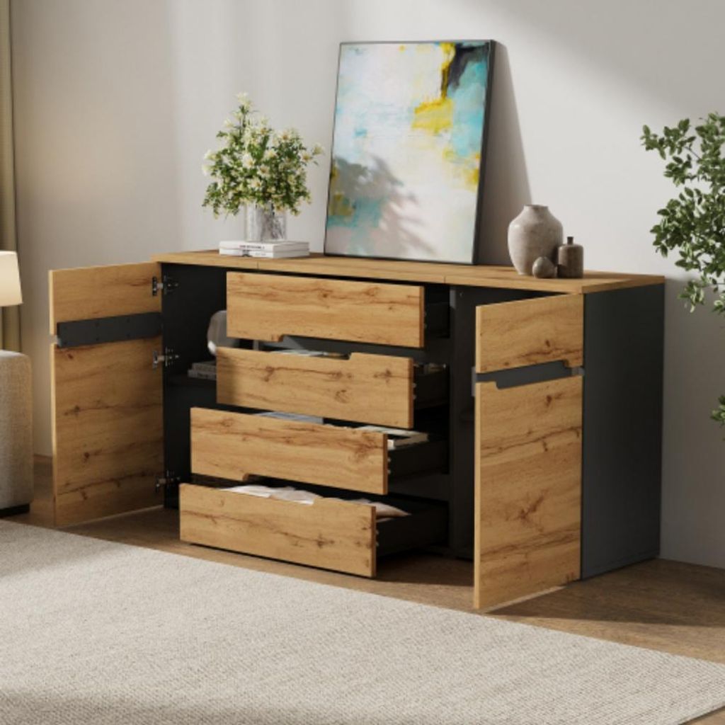 Sideboards mit 2 Schranktüren 4 Schublade, Kommode Esszimmerschrank, Sofa-Beistellschrank 160*40*80cm