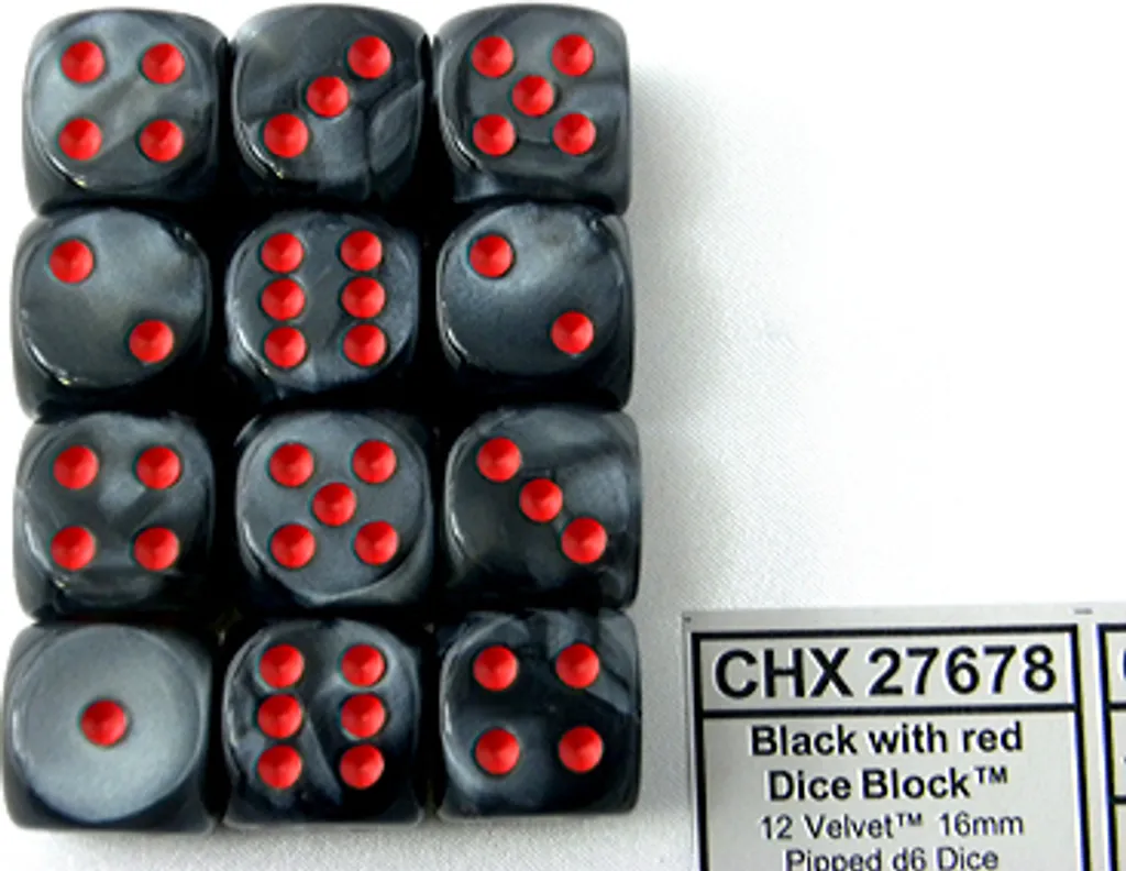Dés D6 Lisibles et Équilibrés Chessex Velvet 16mm - Lot de 12 Noir Rouge