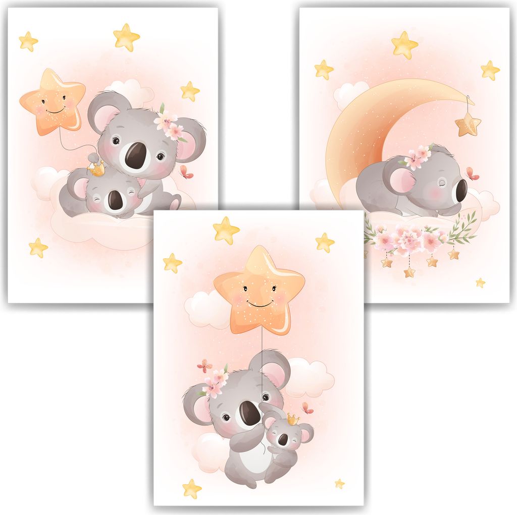 3er Set Poster für Kinderzimmer Bilder Babyzimmer Babyparty Kinderposter Koala – DIN A3 (29.7x42cm)