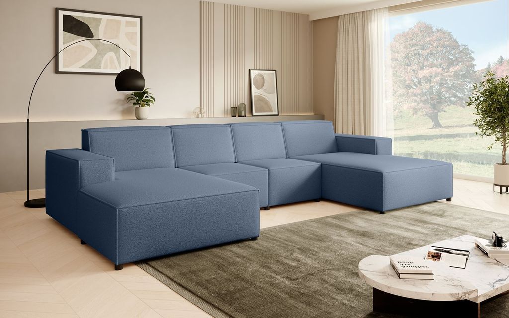 Ecksofa PEDRO U, breite Ottomane, Farbe: Blau (Raven86)