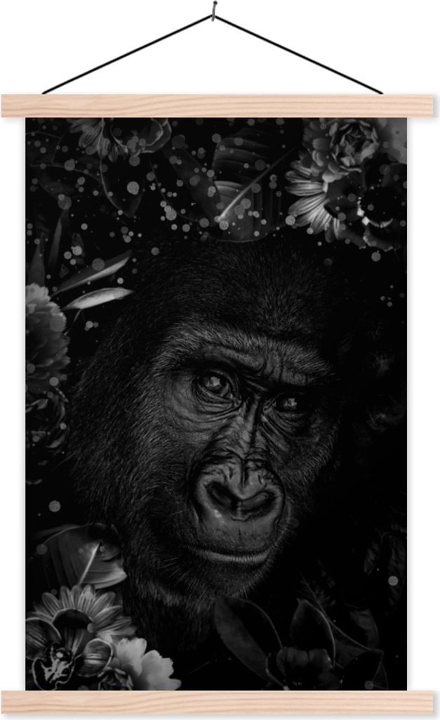 MuchoWow Textilposter Botanischer Affe mit hellen Kugeln vor dunklem Hintergrund - schwarz und weiß 40x60 cm mit holzfarbenen Rahmen - Poster