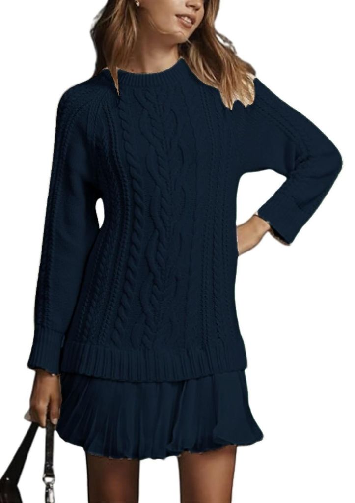 ASKSA Damen Pulloverkleid Cable Knit Rundhals Strickkleid Einfarbig Langarm Minikleid Freizeitkleider Pullover (Marineblau,XL)