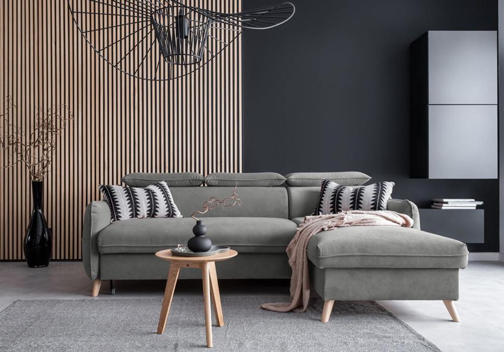 MIUFORM Sweet Harmony - Ecksofa mit Bettfunktion und Bettkasten L-FORM RECHTS - 228x162cm - Velours Grau - Sofa Schlafsofa Couch