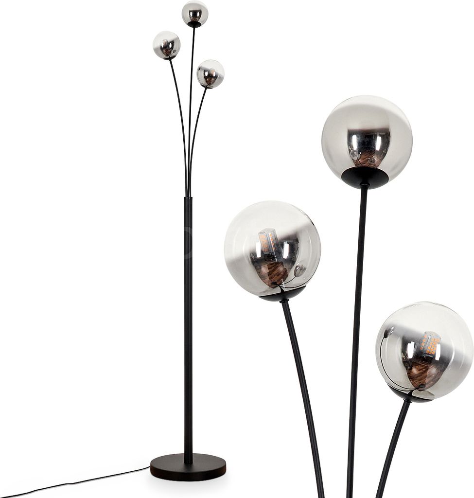 Lerici Stehlampe aus Metall/Glas in Schwarz/Rauchfarben/Klar