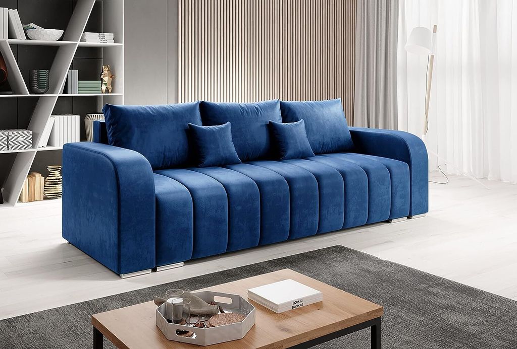 Easy4You Schlafsofa Pufetto - 245 cm - Velour Marineblau - 3 Sitzer Sofa - Bettzeugbehälter - Couch mit Schlaffunktion - Stoff: MANILA 26