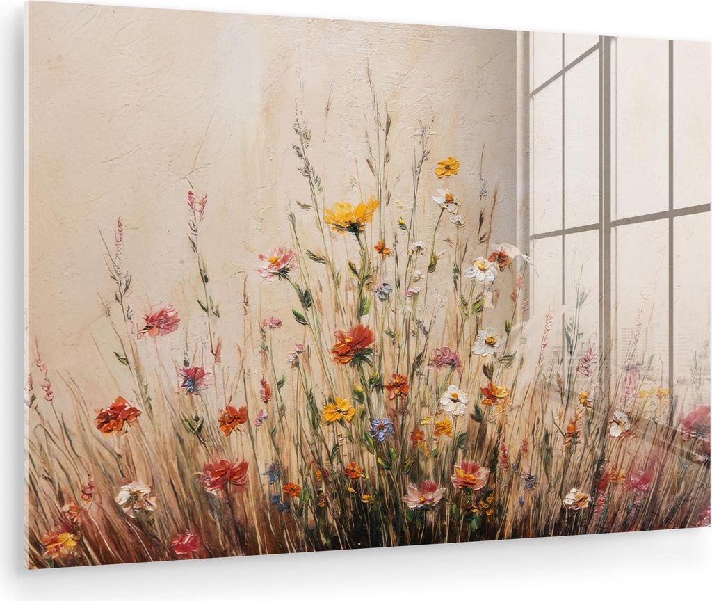 MuchoWow Glasbilder - Bilder auf Wandbild - Foto auf Glas Wildblumen - Pinselstriche - Ruhig 120x80 cm Wanddekoration aus Glas - Acrylglasbild - Ac...