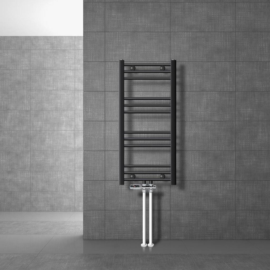 LuxeBath Badheizkörper Mittelanschluss 400 x 800 mm Anthrazit gerade mit Thermostat Anschlussgarnitur Durchgang Boden - Heizkörper, ohne Heizstab