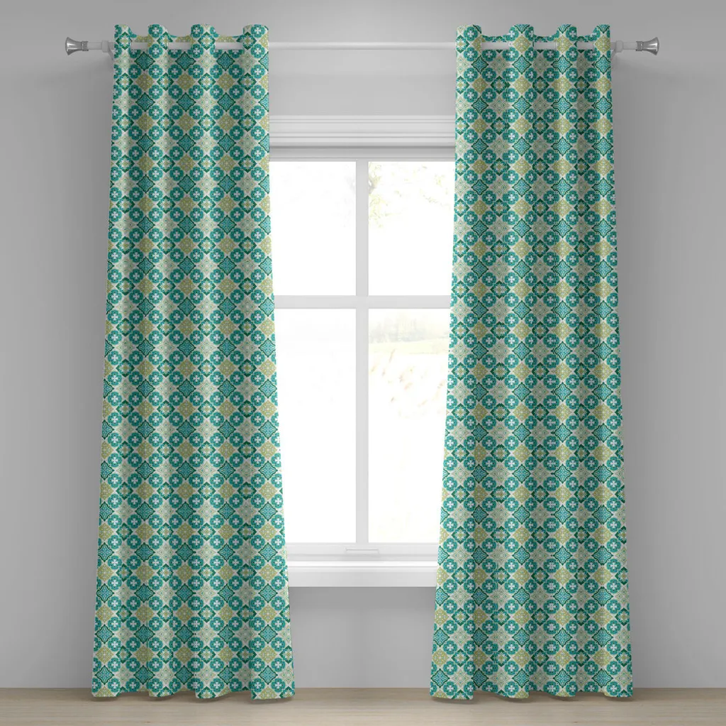 Paire de rideaux décoratifs 2 panneaux vert sarcelle et blanc 280x175