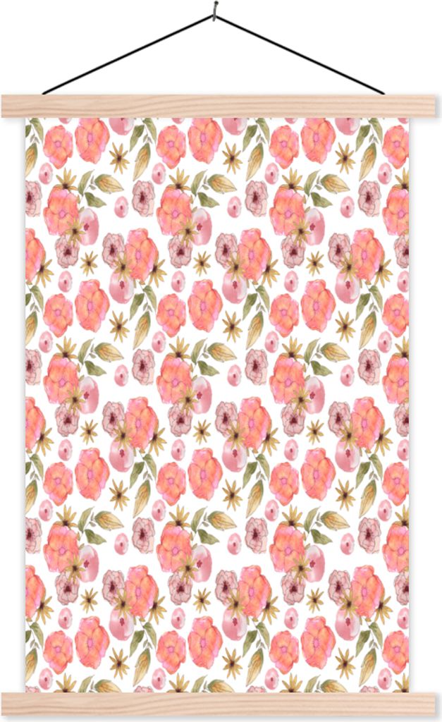 MuchoWow Textilposter Blumen - Rosa - Muster 60x90 cm mit holzfarbenen Rahmen - Textil
