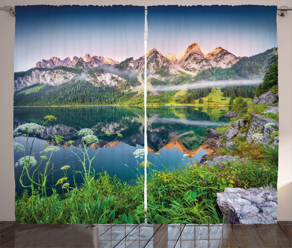 ABAKUHAUS Natur Rustikaler Vorhang, Österreichische Alpen Berg, Wohnzimmer Universalband Gardinen mit Schlaufen und Haken, 280 x 245 cm, Grün blau