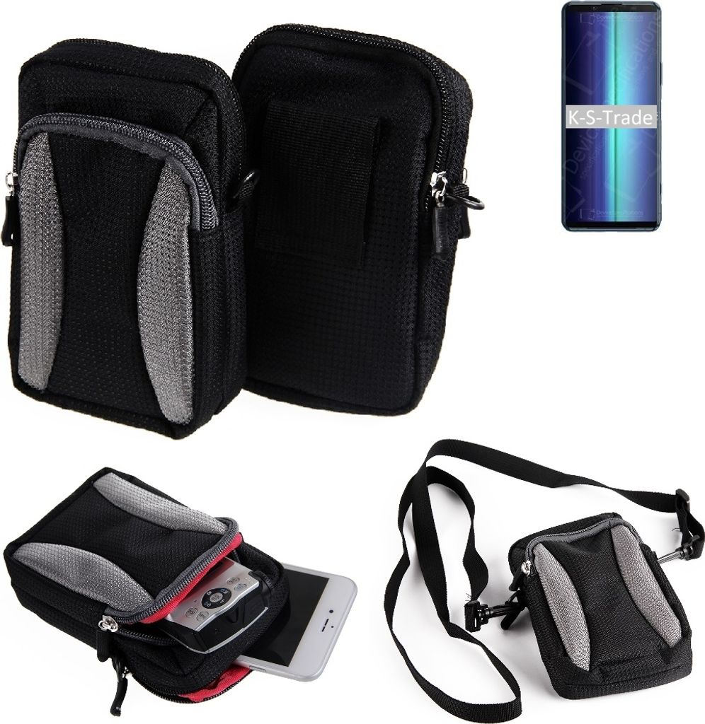 K-S-Trade Holster Schutz Hülle kompatibel mit Sony Xperia 8 Lite Handy Hülle Gürteltasche Umhängetasche mit Zusatzfach schwarz