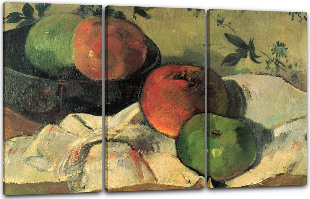 Leinwandbild 3-teilig (120x80cm): Paul Gauguin - Stillleben Äpfel und Schale, echter Holz-Keilrahmen inkl. Aufhänger, handgefertigt in Deutschland