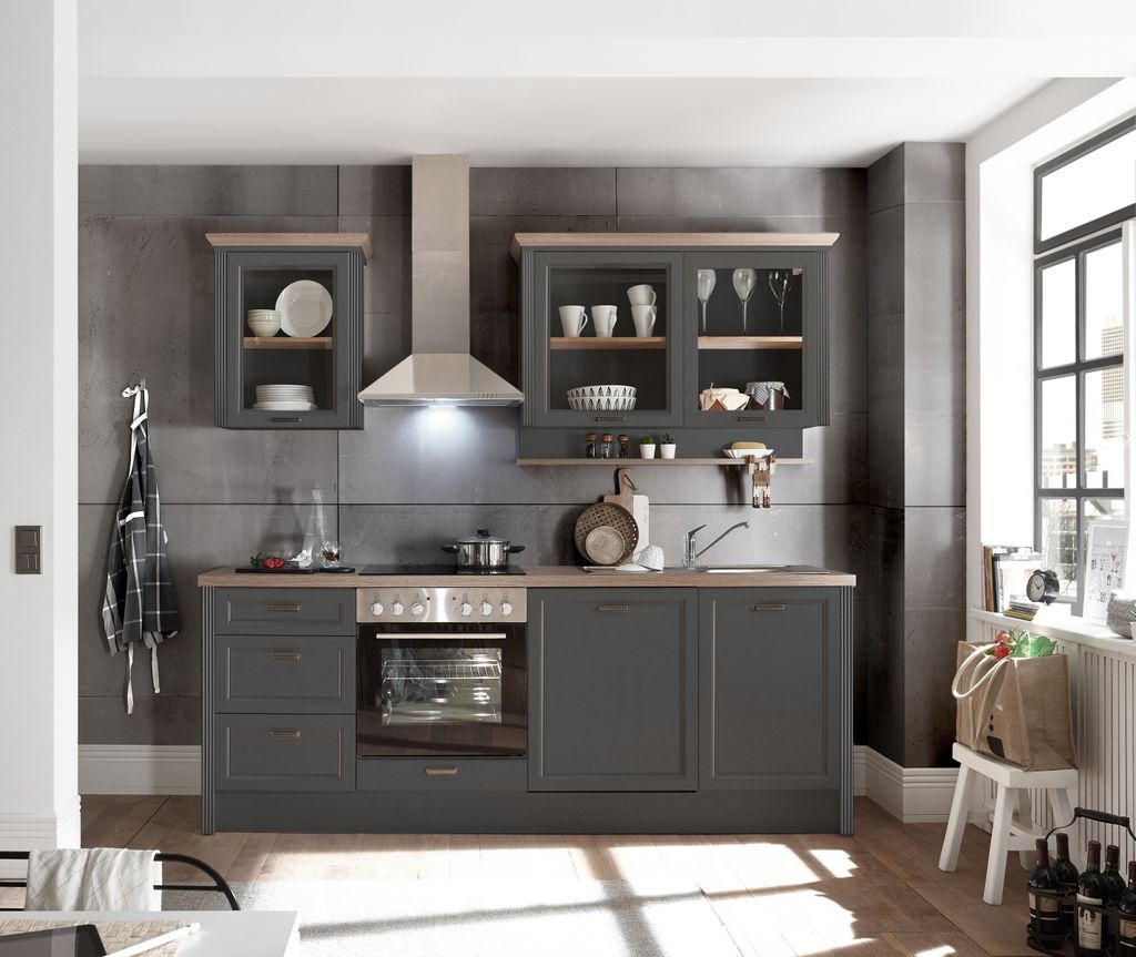 JASMIN Moderne Küchenzeile ohne Elektrogeräte in Graphit, Artisan Eiche Optik - Geräumige Einbauküche im Landhausstil - 235 x 216,5 x 60 cm (B/...