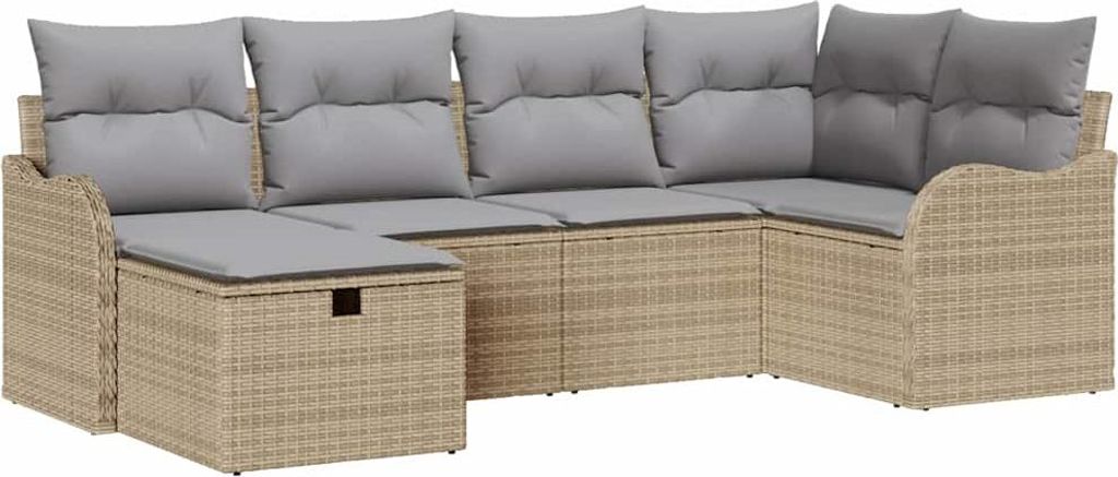 vidaXL Garten-Sofa-Set mit Kissen mit Speicher 6 pcs Beige Poly Rattan