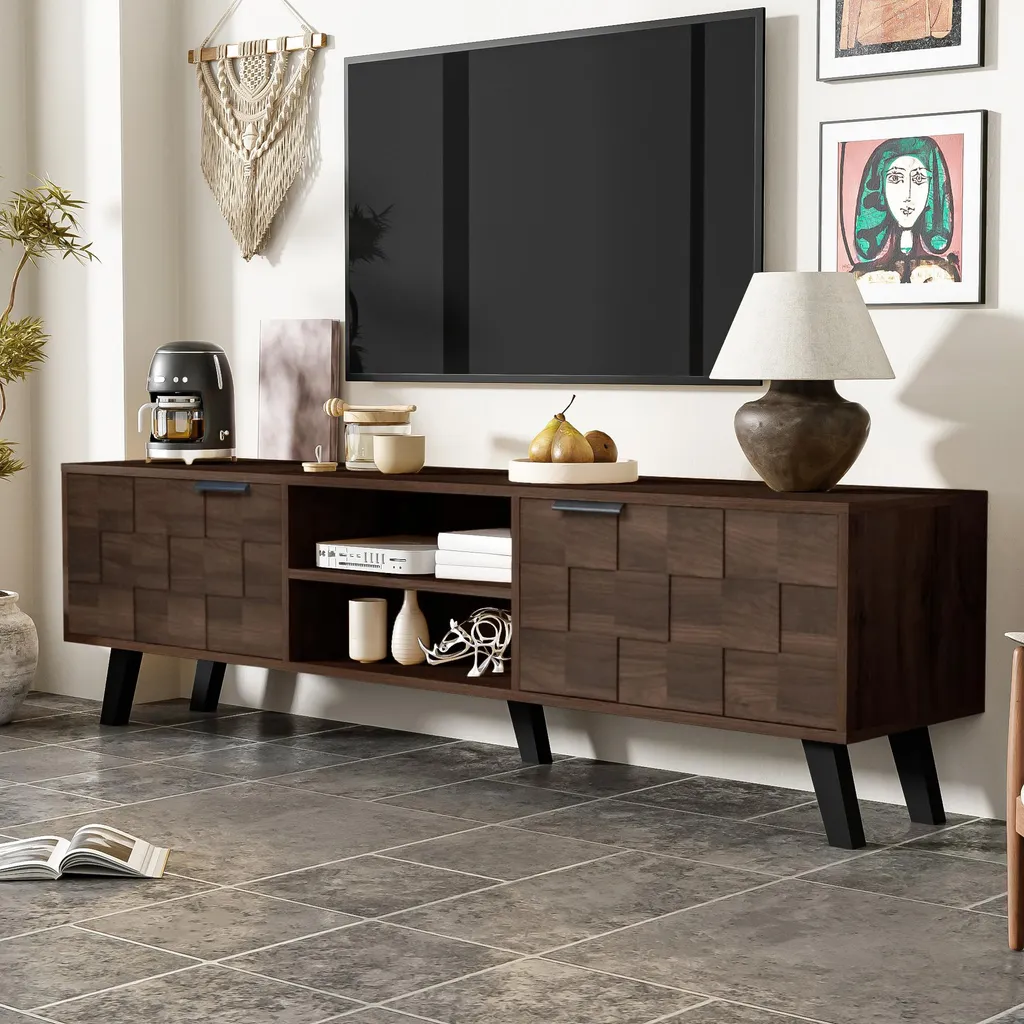Meuble TV Long 160cm pour Grand Salon avec Espaces Multimédia et Portes