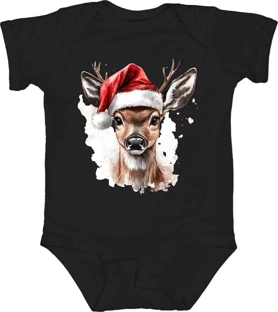 Rehkitz Santa Hut Weihnachten Aquarell festlich Geschenk Retro Unisex Baby Body, Schwarz, 6/12