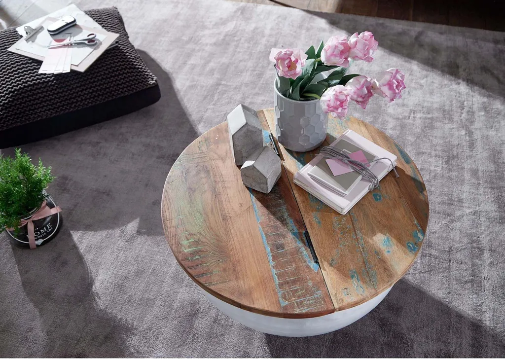 Table basse de salon ronde en bois bicolore avec coffre de rangement