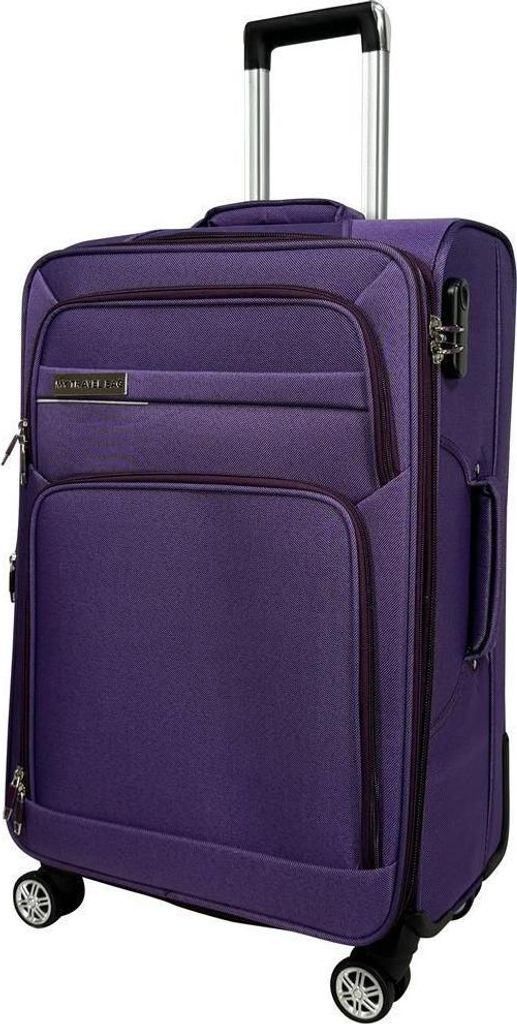 A purple suitcase with a retractable handle and wheels, shown from the front.