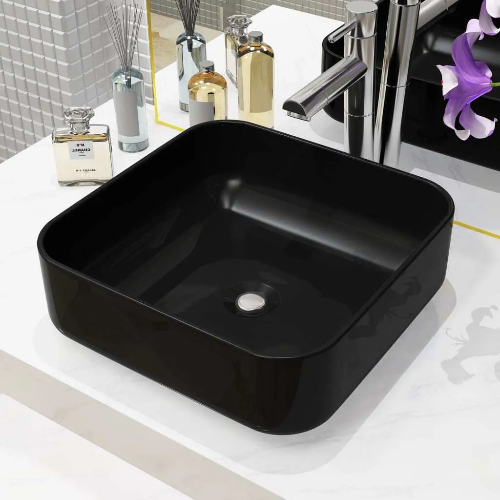 The Living Store Lavabo quadrato in ceramica nero 38 x 38 x 13,5 cm