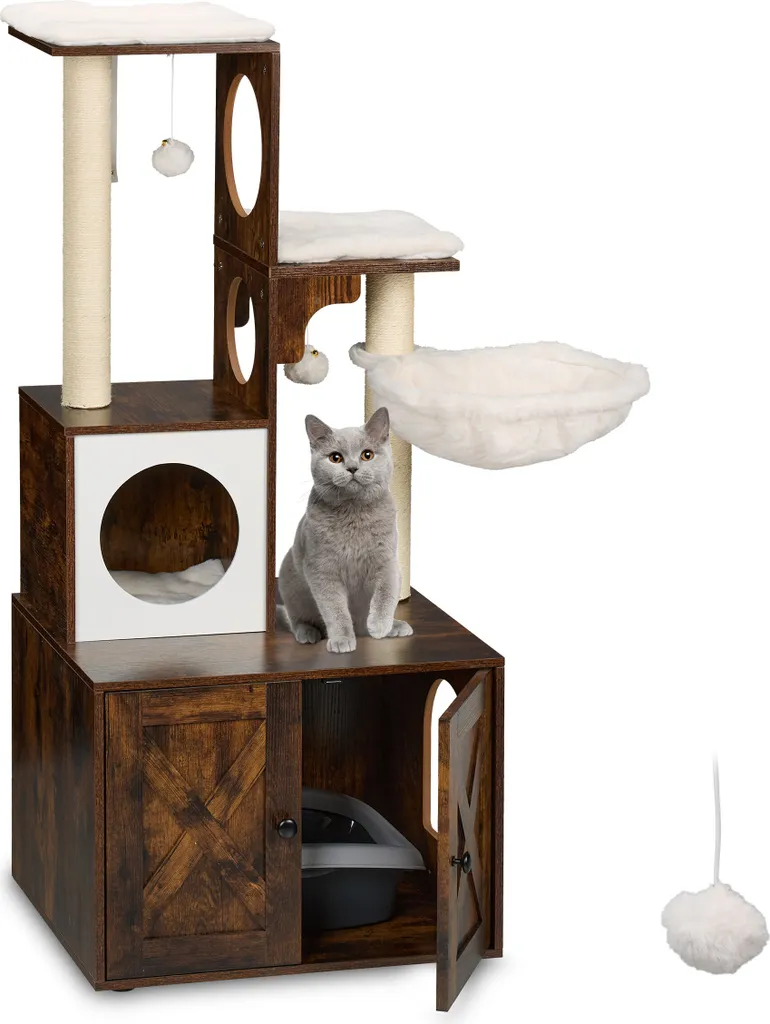 Arbre à Chat Design avec Maison de Toilette Intégrée - Tour de Jeu 128 cm