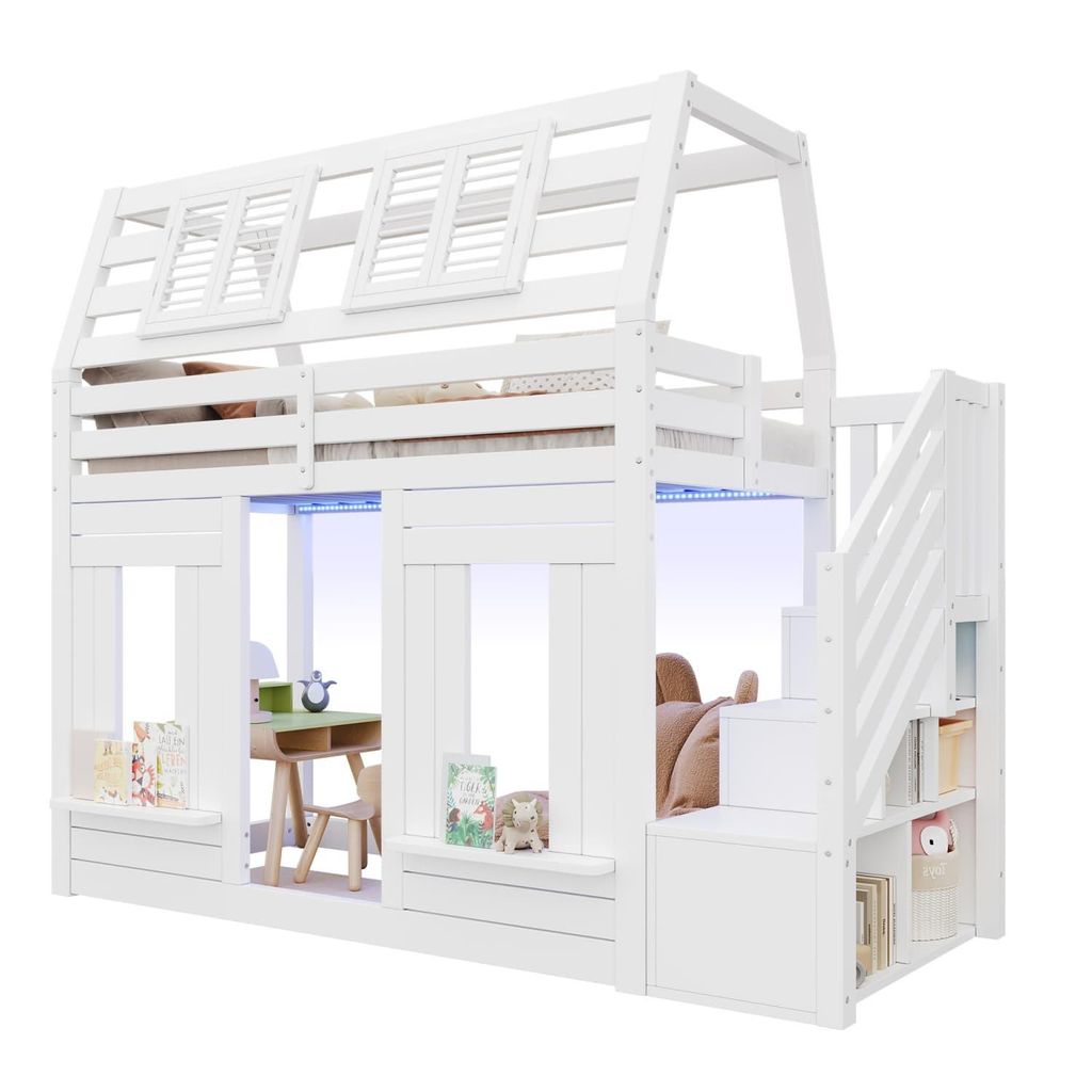 Etagenbett, Hochbett, Kinderbett, Holzbett, Hausbett 90x200cm mit LED, Rausfallschutz und Stauraumtreppe, Fenster-Form, weiß