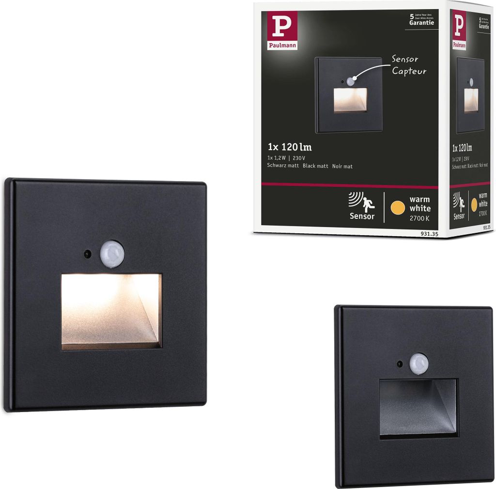 Paulmann Edge LED Wandeinbauleuchte 1er-Set Schwarz matt mit PIR-Sensor