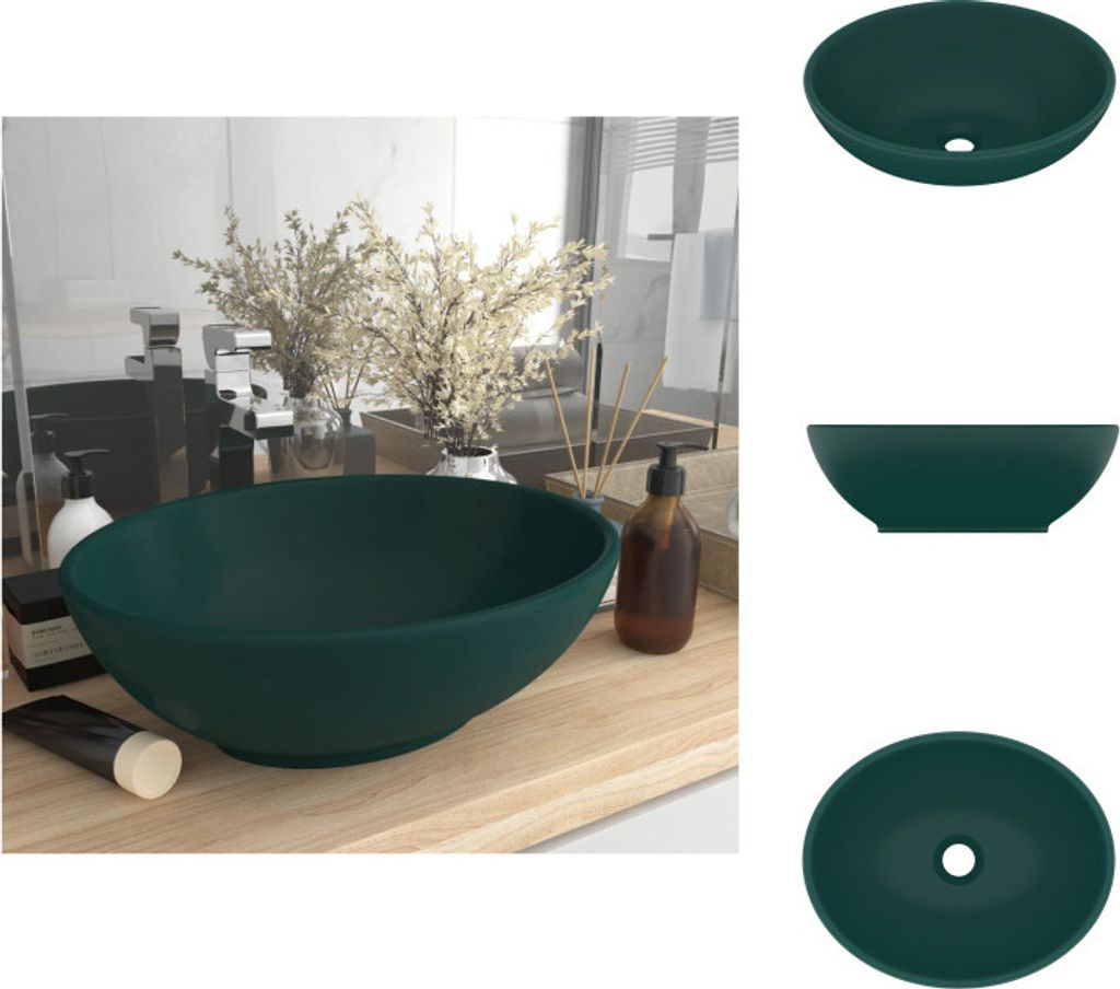 vidaXL s Ovales Waschbecken Matt Dunkelgrün 40x33 cm Keramik - Badezimmer-Waschbecken
